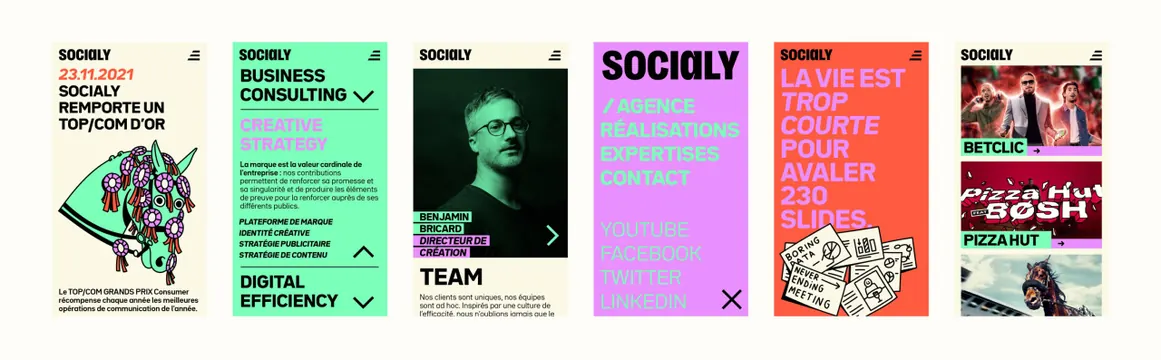 Socialy mobile site screens lined up, flat, typographic, vibrant