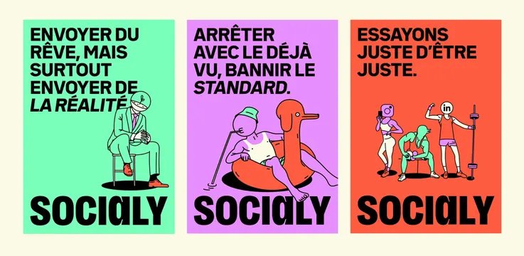 Socialy three-poster set in mint, lilac and red, illustrated, line-art, vibrant