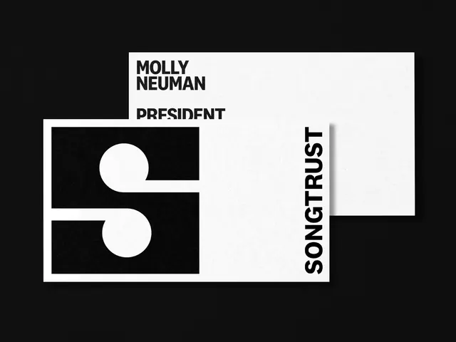 Songtrust business cards on black, monochrome, swiss, dark