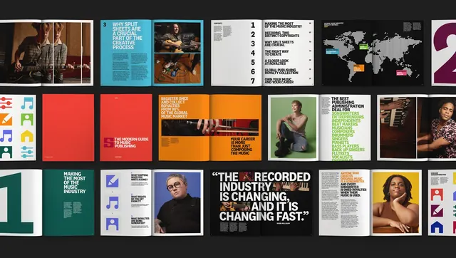 Songtrust publishing guide spread grid, editorial, swiss, dark