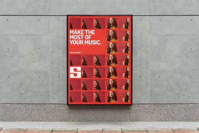 Songtrust red poster with tiled portrait grid, swiss, geometric, vibrant