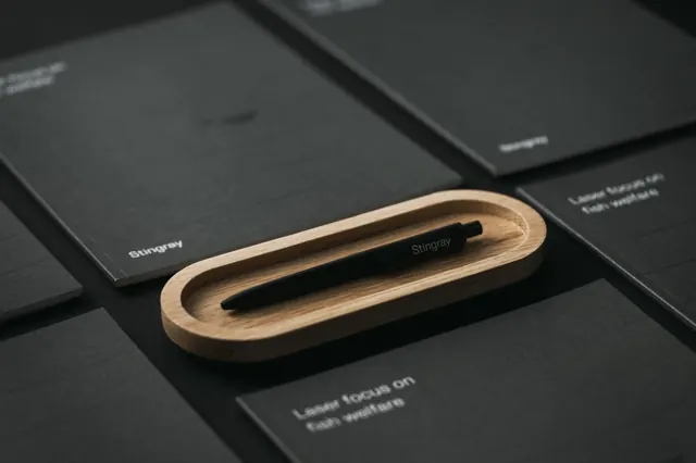 Stingray stationery flat lay with oak tray, minimal, monochrome, dark