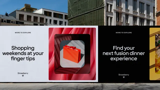Strawberry campaign hoarding in light and dark, minimal, editorial, high-contrast