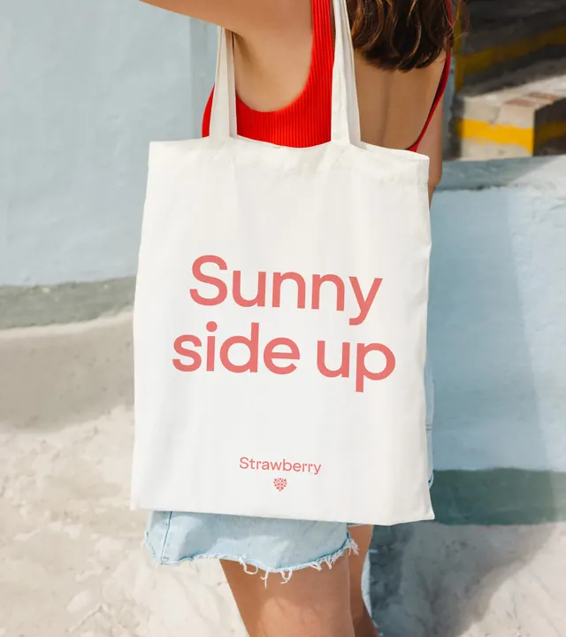 Strawberry "Sunny side up" cotton tote, minimal, typographic, warm