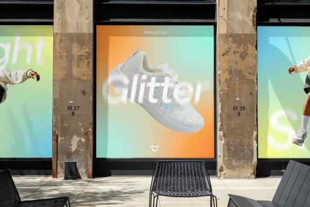 SunnySTEP "Glitter" storefront window graphics, gradient-heavy, minimal, vibrant