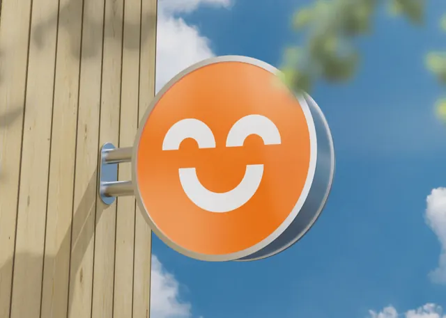 SunnySTEP circular projecting blade sign, minimal, 3d-render, vibrant