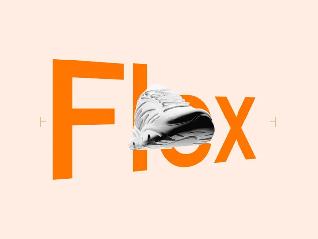 SunnySTEP "Flex" type-and-shoe key visual, minimal, typographic, warm