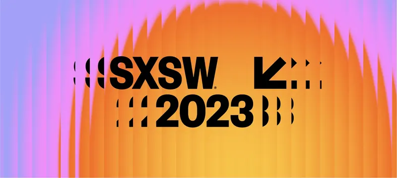 SXSW 2023 sliced logotype over sunrise gradient, typographic, gradient-heavy, vibrant