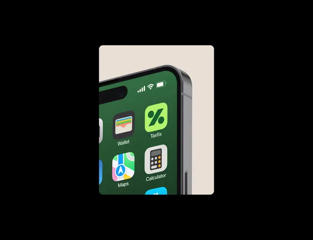 Taxfix app icon on an iPhone home screen, minimal, 3d-render, dark