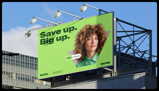 Taxfix rooftop billboard, Save up. Big up., photographic, minimal, vibrant
