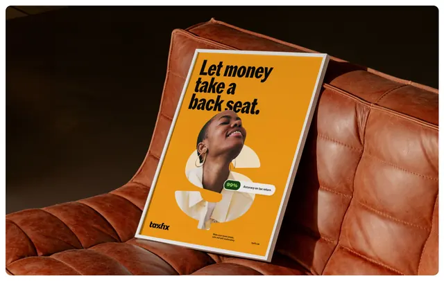 Taxfix amber poster, Let money take a back seat, photographic, typographic, warm