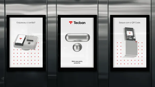 Tecban elevator screen triptych with chrome 3D shapes, minimal, 3d-render, light