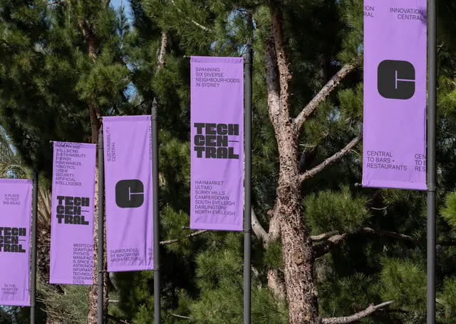 Tech Central lilac pole banners in a park, photographic, typographic, vibrant