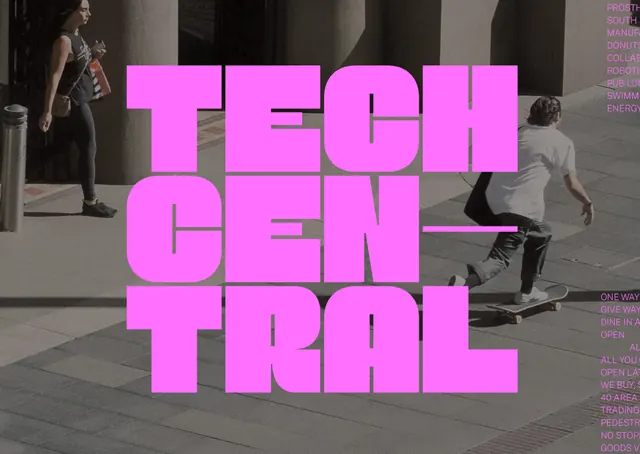 Tech Central magenta wordmark over a street photograph, typographic, photographic, vibrant