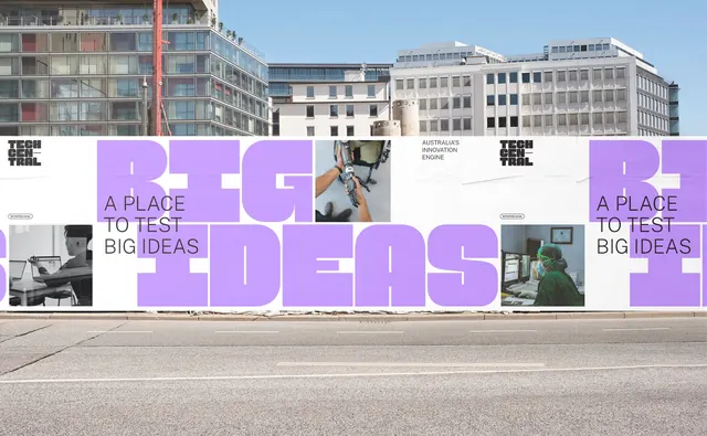 Tech Central construction hoarding, A place to test big ideas, typographic, brutalist, light