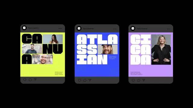 Tech Central social post templates in three colourways, typographic, brutalist, vibrant