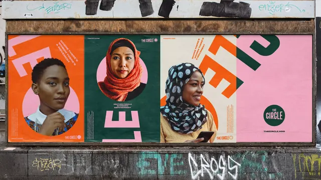 The Circle four-panel poster billboard on a street wall, photographic, editorial, vibrant