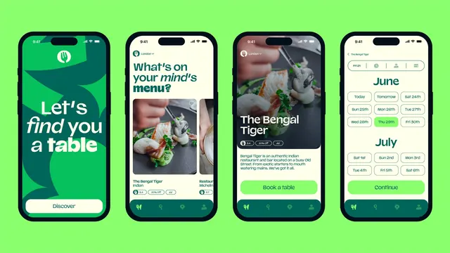 TheFork app screens on bright green, flat, minimal, vibrant