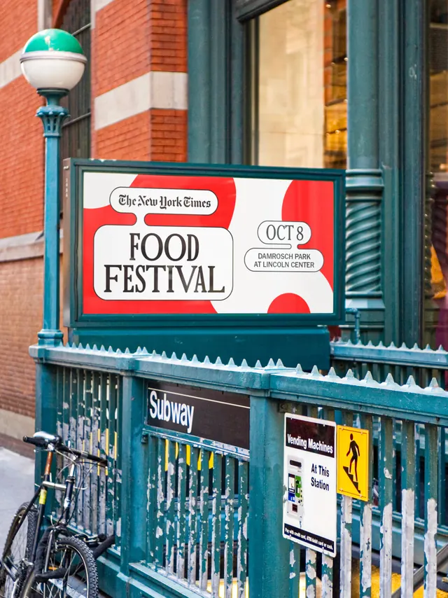 Food festival subway entrance panel, editorial, geometric, vibrant