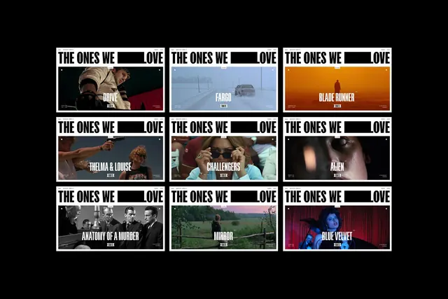Cinema platform homepage grid with redacted wordmark, dark-mode, brutalist, dark