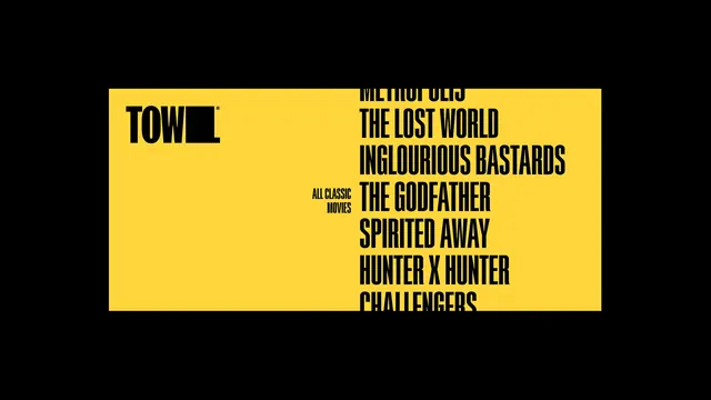 Yellow film title list panel, typographic, brutalist, vibrant