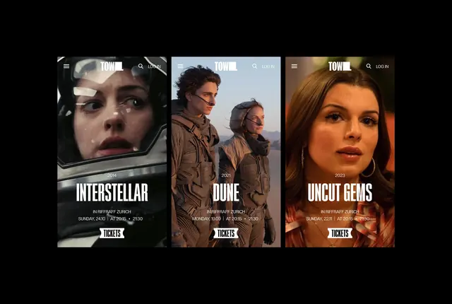 Cinema platform mobile film screens, dark-mode, cinematic, dark