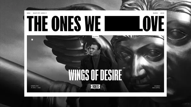 The Ones We Love cinema platform homepage, monochrome, editorial, monochrome