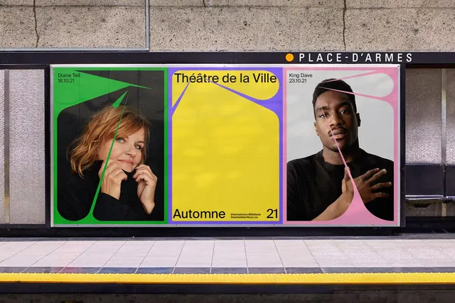 Theatre de la Ville metro poster triptych, swiss, geometric, vibrant