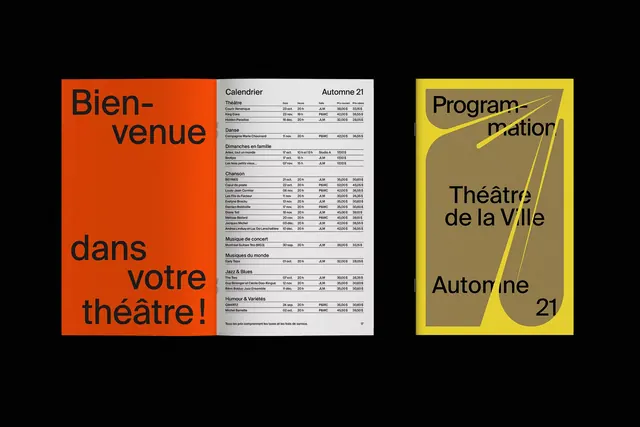 Theatre de la Ville season programme spread and cover, swiss, editorial, vibrant