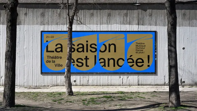 Theatre de la Ville blue and khaki season billboard, swiss, geometric, vibrant