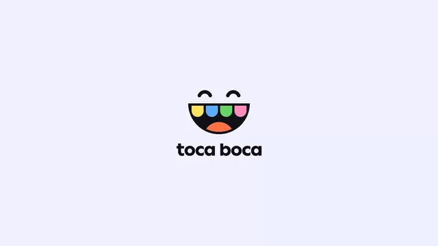 Toca Boca smiling mouth logo lockup, playful, flat, light