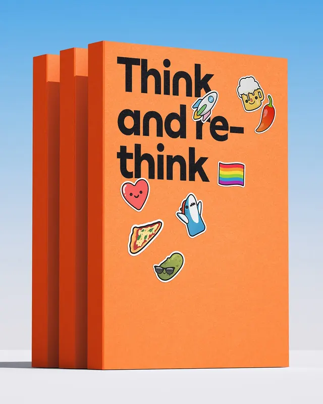 Orange brand book cover with sticker graphics, playful, 3d-render, vibrant