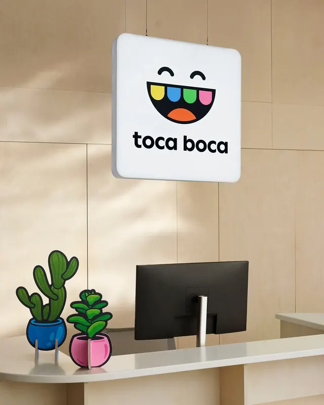 Illuminated reception sign with die-cut plant standees, playful, illustrated, light