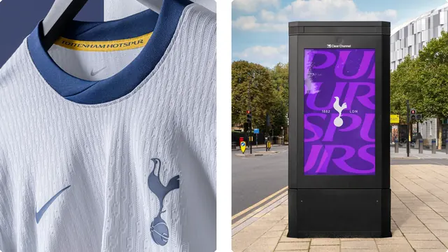 Tottenham Hotspur shirt detail and purple digital street panel, photographic, minimal, cool