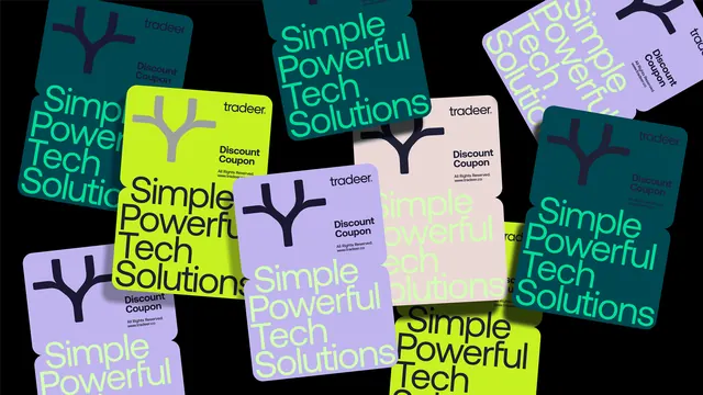 Tradeer discount coupon cards scattered on black, flat, geometric, vibrant