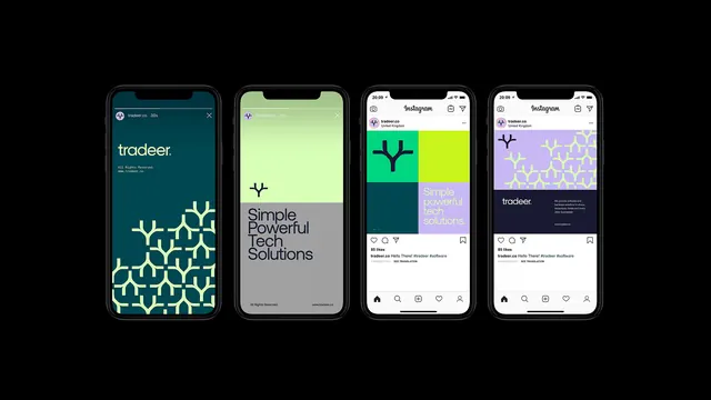 Tradeer social templates on four phone mockups, geometric, flat, dark