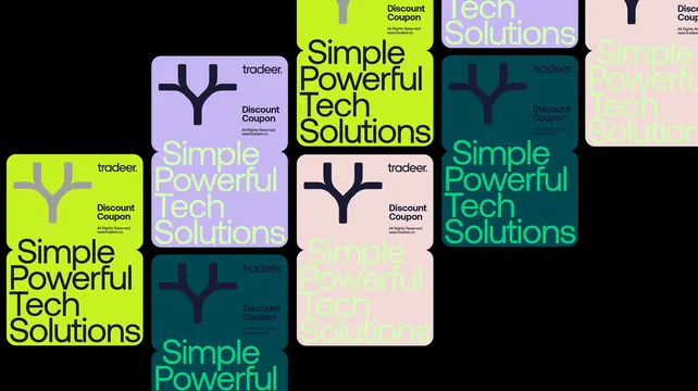 Tradeer discount coupon cards in four colourways, geometric, flat, dark