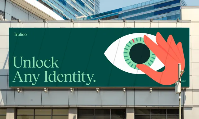 Trulioo billboard with eye and hand illustration, illustrated, minimal, dark