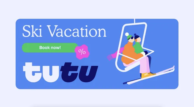 Tutu ski vacation banner, illustrated, flat, vibrant