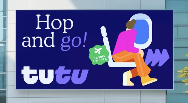 Tutu Hop and go facade billboard, photographic, illustrated, dark