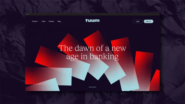 Tuum homepage hero with gradient blade composition, dark-mode, gradient-heavy, dark
