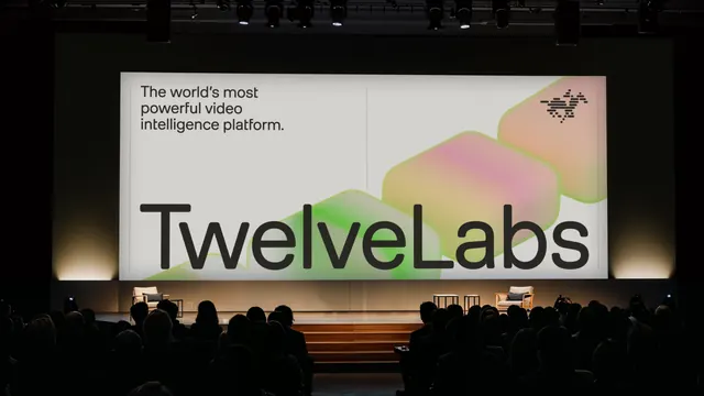 TwelveLabs keynote stage screen, photographic, cinematic, dark