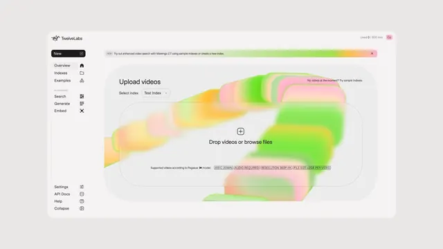 TwelveLabs video upload console, minimal, light-mode, light