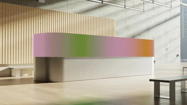 TwelveLabs lobby desk with LED gradient band, architectural, minimal, light