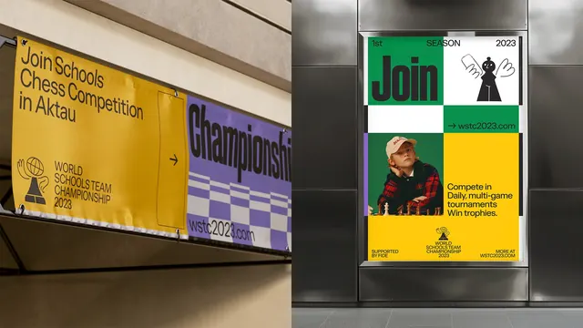 WSTC 2023 hanging banners and transit poster, geometric, typographic, vibrant