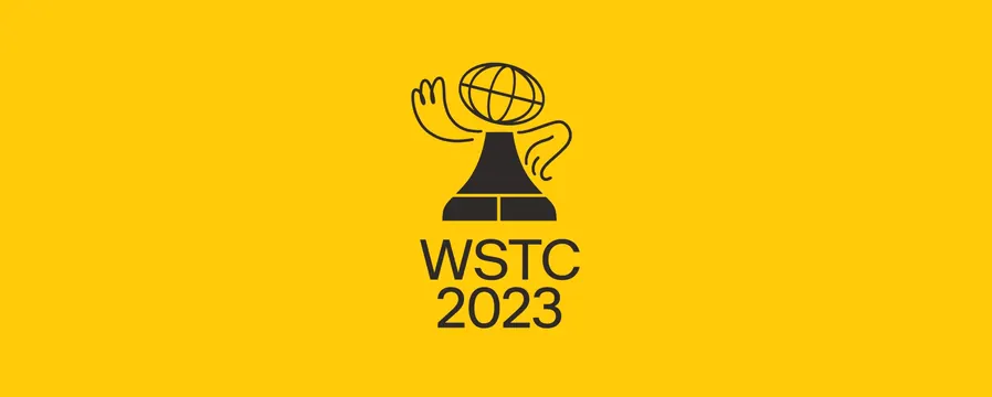 WSTC 2023 logo lockup on yellow, flat, line-art, vibrant