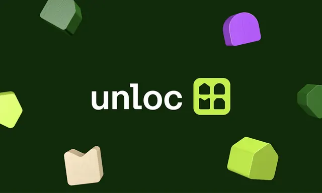 Unloc logo lockup with floating 3D blocks, 3d-render, minimal, dark
