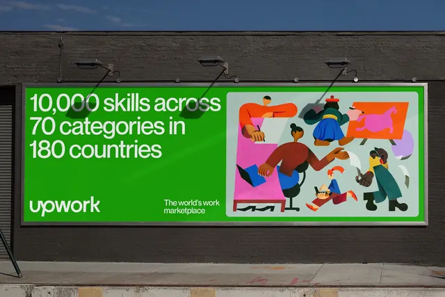 Upwork green billboard with painterly illustration, illustrated, flat, vibrant