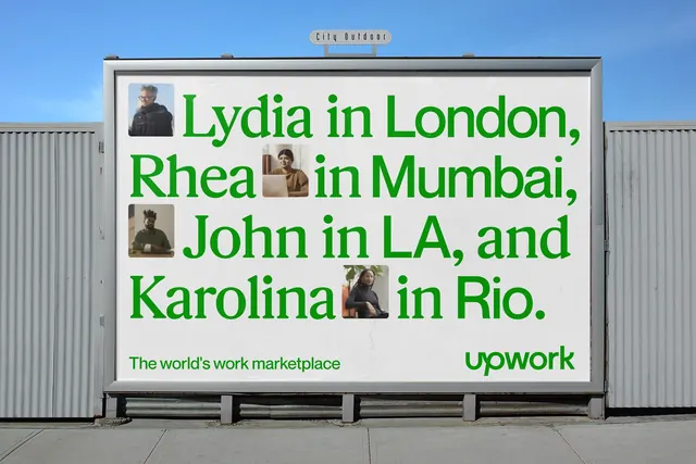 Upwork billboard with portraits set inside the headline, typographic, editorial, light
