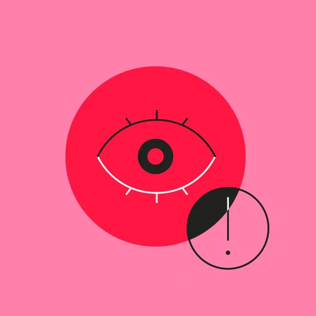 Stylized eye icon on pink with red circle, minimal, flat, vibrant